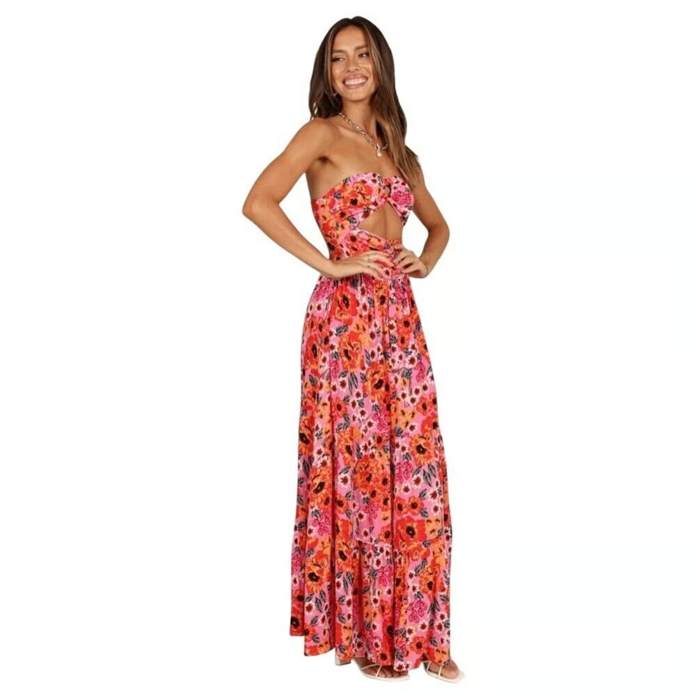 PETAL + PUP Pink Orange Sarai Floral Cutout Strapless Tiered Maxi Dress Size 10 - Picture 2 of 10